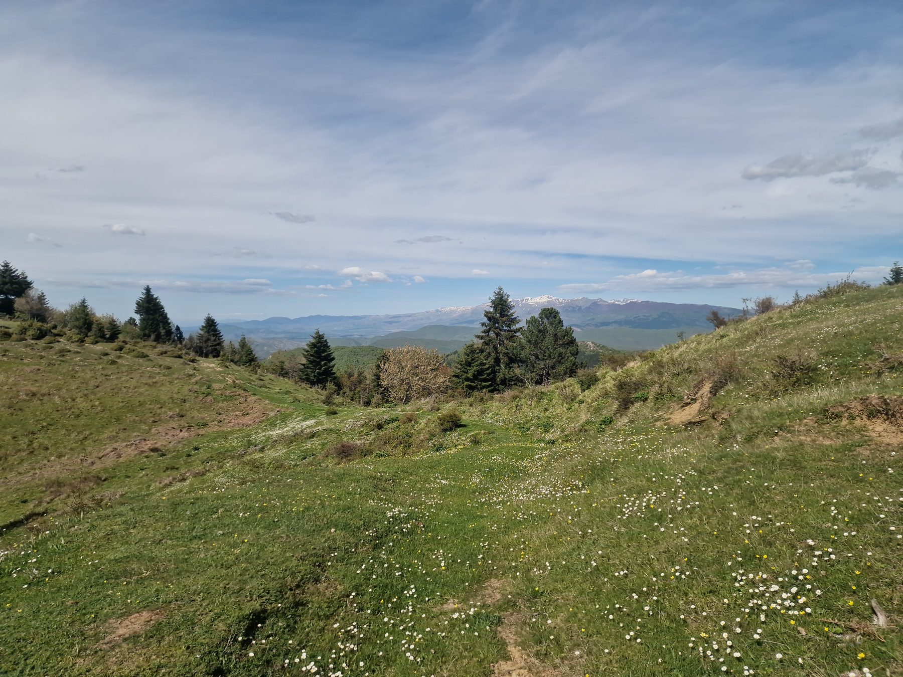 Rolling green hills below the summits