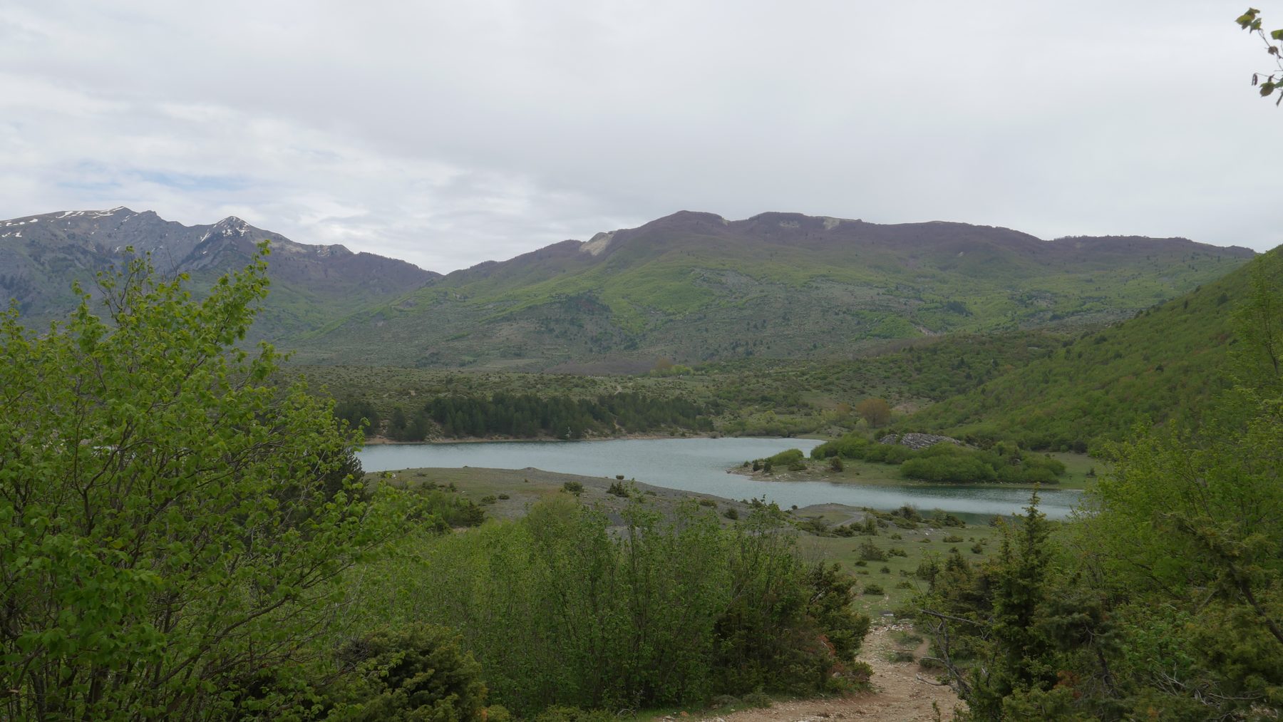 A panorama across the mountain lake
